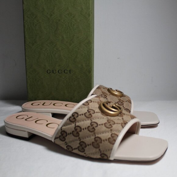 NWB Gucci GG Supreme Marmont Ebony Mystic White Flats Slides Sandals 41 619893